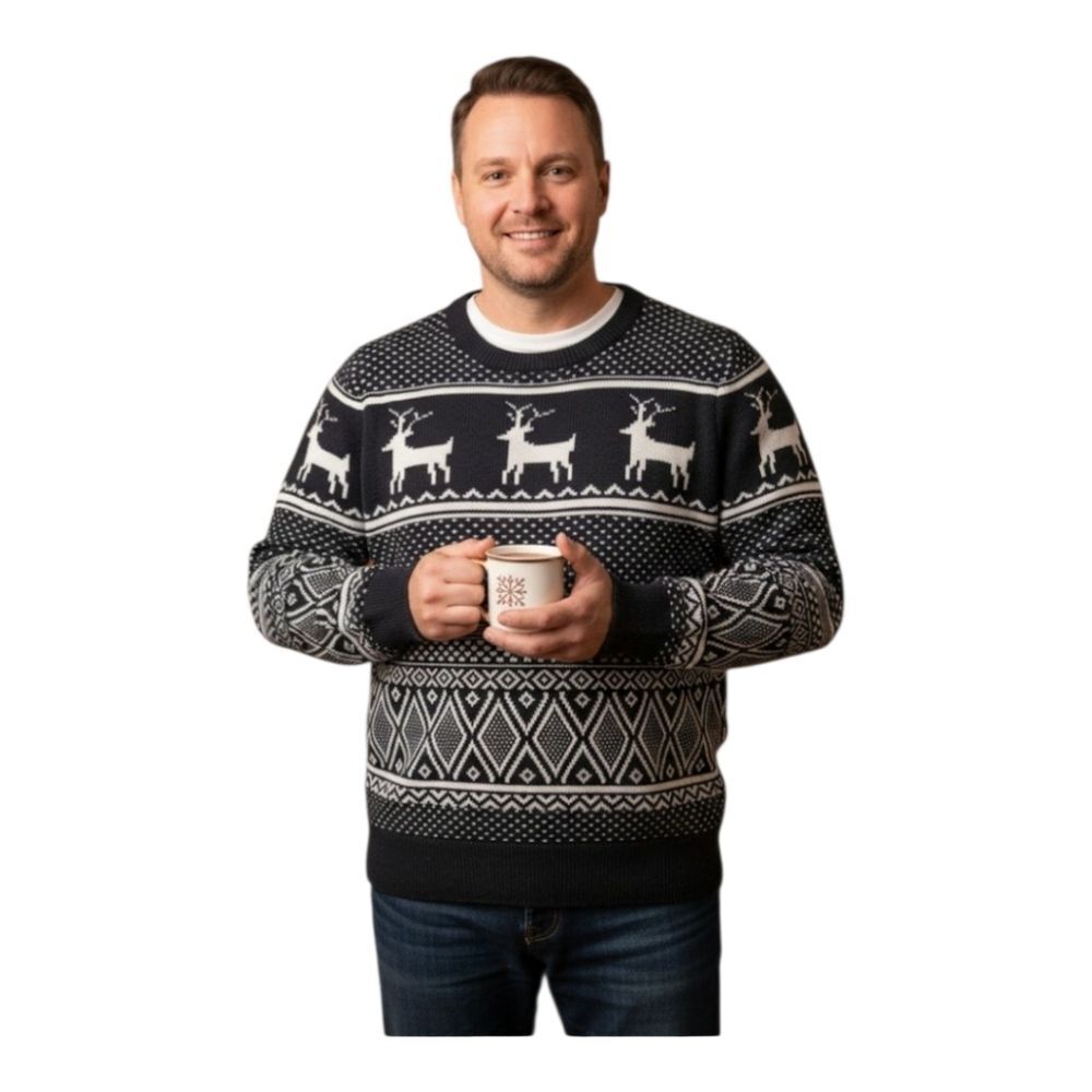 Old Navy Sweater Holiday Reindeer Fair Isle Cotton Blend Black White size XXL